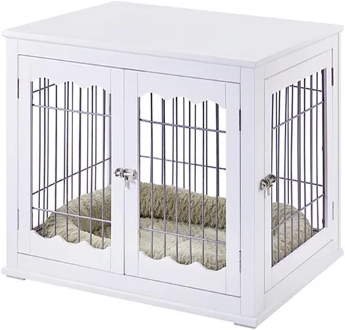 Vista 6 de unipaws - Mesa auxiliar estilo mueble con cojín para perros de 36 pulgadas, jaulas de alambre de madera para mascotas con puertas dobles, casa