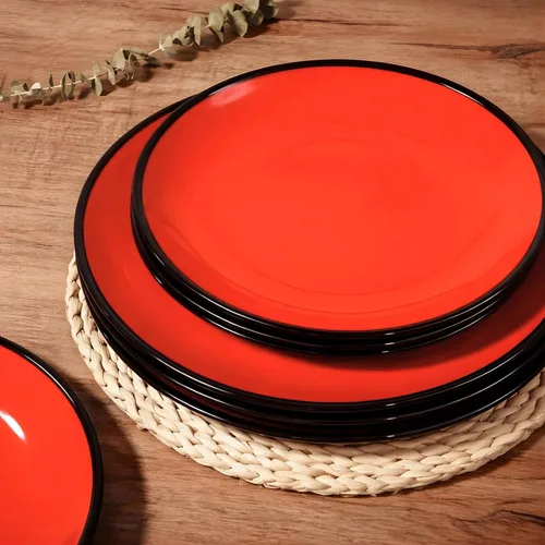 Vista 3 de TP Platos de cena de melamina de 8.5 pulgadas, juego de 6 platos irrompibles para servir en interiores y exteriores, servicio para 6, negro y rojo