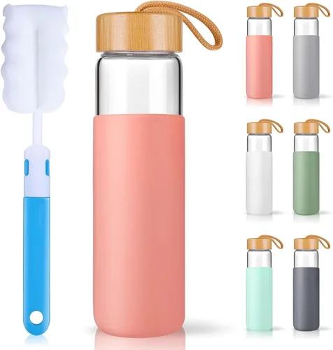 Vista 7 de Botellas de agua de vidrio de borosilicato de 20 onzas con funda de silicona, libres de BPA, aptas para lavavajillas - Botellas de vidrio