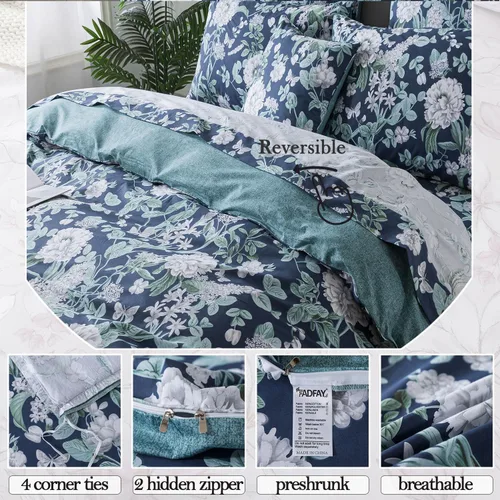 Vista 3 de FADFAY Juego de funda de edredón floral, tamaño completo, 100 % algodón, diseño de rosas y flores, funda de edredón azul, ropa de cama vintage