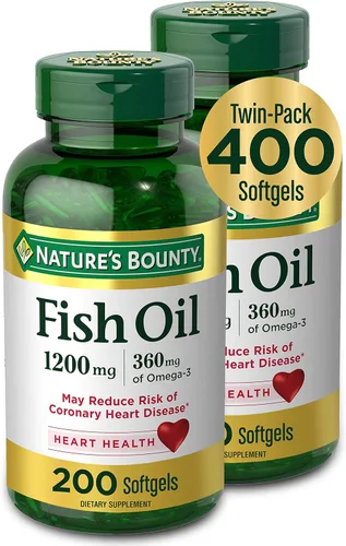 Nature's Bounty Aceite de pescado, suplemento dietético con 360 mg de omega-3, apoya la salud del corazón, 1200 mg, 200 cápsulas blandas (paquete de