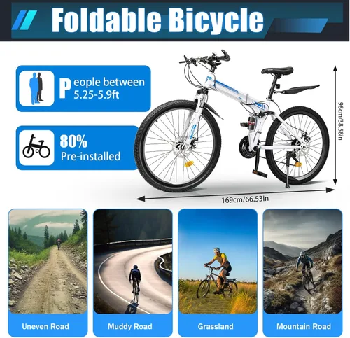 Vista 9 de Bicicleta de ciudad plegable de 26 pulgadas, bicicleta plegable de 21 velocidades para adultos, bicicleta de campamento, bicicleta plegable