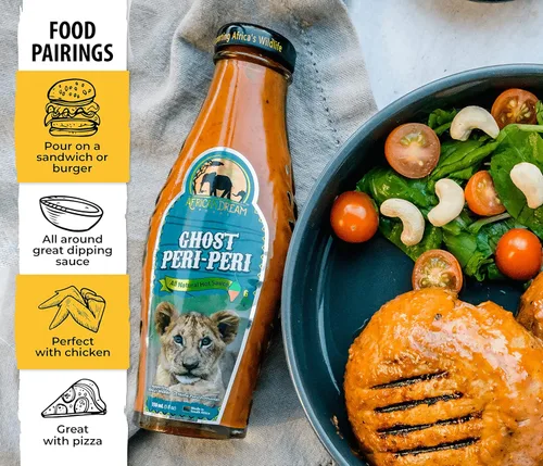 Vista 4 de African Dream Foods Ghost Peri-Peri - Salsa picante con pimientos fantasmas Botella de vidrio, 5 onzas líquidas
