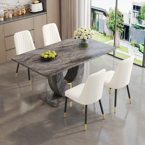 Vista 50 de JUFU Juego de mesa de comedor moderno para 4, juego de mesa de cocina rectangular de 63 pulgadas con mesa de mármol sintético y 4 sillas tapizadas
