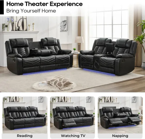 Vista 5 de Juego de sofá reclinable manual con cargador inalámbrico para sala de estar, sofá reclinable de cuero de 3 plazas y sofá biplaza con altavoces