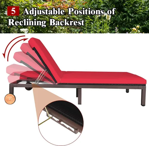 Vista 3 de DORTALA Silla reclinable de ratán para 2 personas con ruedas y cojín, sillón de mimbre doble con respaldo ajustable, juego de conversación de Rojo