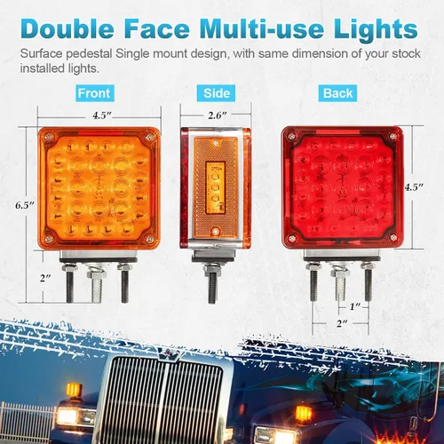 Vista 6 de Partsam 2 piezas cuadradas de doble cara para guardabarros de doble cara, 52 luces LED ámbar/rojo, luces de pedestal LED de doble cara impermeable