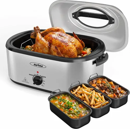 Vista 13 de Sunvivi Horno asador eléctrico de 20 cuartos de galón con 3 compartimentos, horno asador de pavo con tapa autohilvanado, sartén y estante Azul