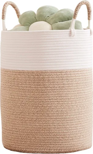 Vista 22 de Cesta de lavandería de 62L en negro con cuerda trenzada, cesta de almacenamiento para ropa y mantas, cesta alta y moderna para sala de estar