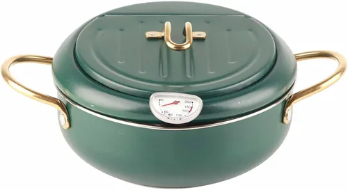 Olla para freír, freidora verde profundo con termómetro, sartén de acero inoxidable para uso doméstico en la cocina.