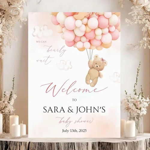 Vista 23 de Letrero de bienvenida con texto en inglés «We Can Bearly Wait Baby Show» para niño, tema de globo de oso de peluche azul