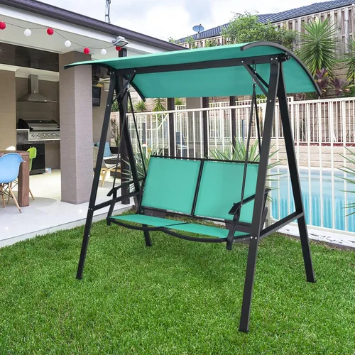 Vista 2 de Tangkula Columpio de patio para 2 personas, columpio de porche resistente a la intemperie con toldo ajustable, marco de acero, columpio moderno