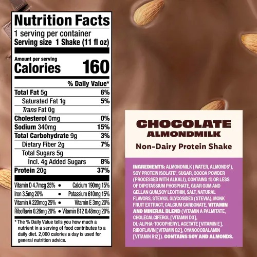 Vista 2 de Premier Protein Batido de proteína de leche de almendra a base de plantas no lácteas, chocolate, 0.71 onzas de proteína, 0.18 onzas de azúcar, 11