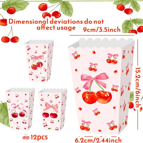 Vista 2 de BACH AND BOUJEE 12 cajas de palomitas de maíz con temática de cerezas, cajas de recuerdos de fiesta de cereza rosa, bolsas de golosinas para niñas