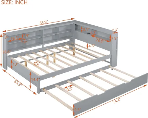 Vista 38 de Quarte Elegante cama de plataforma con estanterías en forma de L, cama de plataforma de madera tamaño individual con 2 cajones de almacenamiento