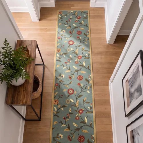 Vista 17 de Ottomanson, colección OttoHome, tapete para corredor con diseño azul claro y damasco (antiderrapante), parte trasera de goma Floral Beige