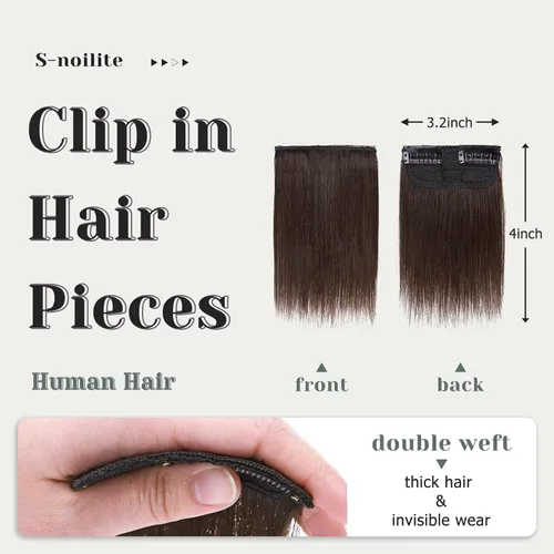 Vista 2 de S-noilite Extensiones de cabello humano corto con clip, 1 unidad, 4 pulgadas, para añadir volumen extra al cabello, color marrón oscuro #2