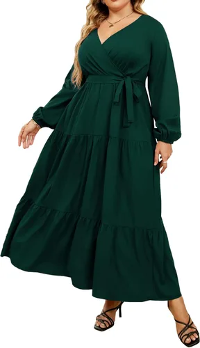 KoJooin Vestido largo cruzado con cuello en V para mujer, de cintura alta, con volantes, vestido casual de verano con cinturón, Manga larga Verde,