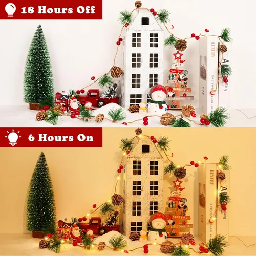 Vista 3 de Decoración de Navidad, guirnalda de Navidad con luces, 6.5 pies, 20 luces LED, guirnalda de Navidad con bayas rojas ahumadas, piñas, conos de pino