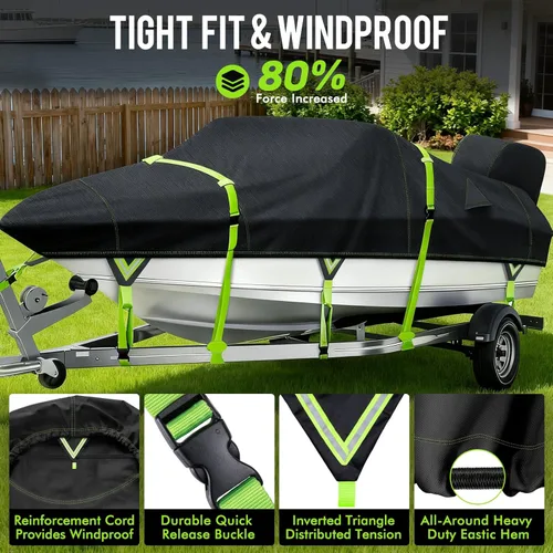 Vista 5 de Funda impermeable 1200D para lancha con cubierta de motor, lona marina con tinte solucionable, cubierta de lancha remolcable de 14 a 16 pies para 14