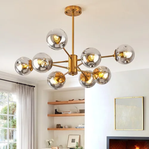 Vista 13 de DDLLDESHI Lámpara de araña de 6 luces dorada con cubierta esférica de vidrio Sputnik, lámpara de techo de 34" de gran tamaño para comedor, lámparas