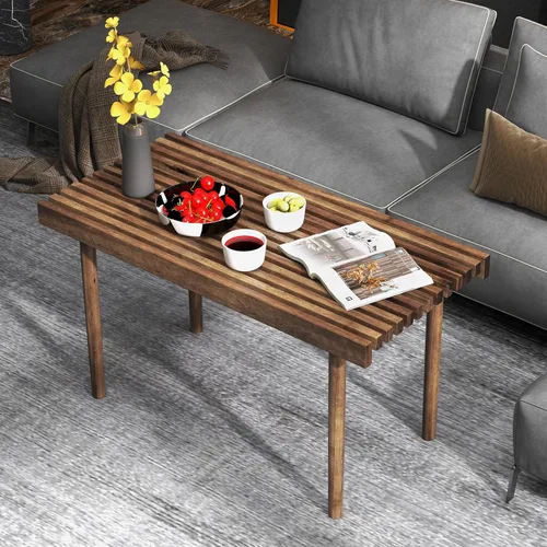 Vista 9 de COSTWAY Mesa de centro de madera de goma de 39 pulgadas, mesa central rectangular moderna con tablero de listones, mesa de té de cóctel rústica
