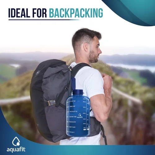 Vista 6 de AQUAFIT Botella de agua de 1 galón con marcador de tiempo, botella de agua de 128 onzas con popote, botella de agua para gimnasio con correa