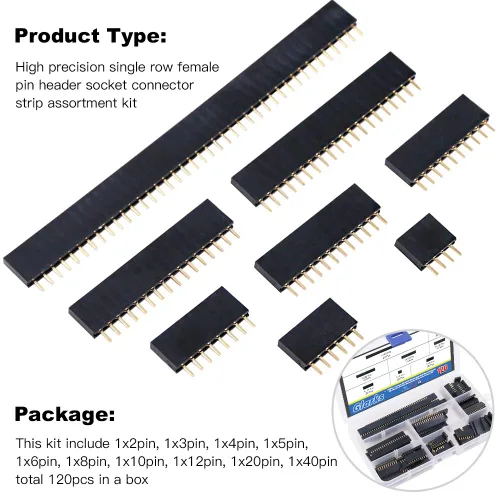 Vista 6 de Glarks 120 piezas de placa PCB recta de una sola fila de 0.100 in, kit surtido de conectores de clavijas hembra para prototipo Arduino