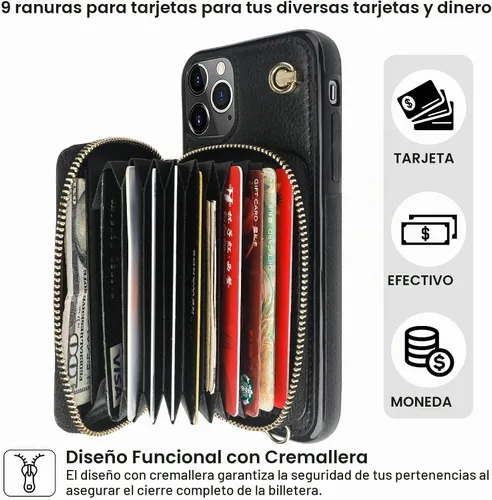 Vista 4 de Bocasal Funda tipo cartera cruzada para iPhone 11 Pro Max, funda de piel con bloqueo RFID y soporte para tarjetas, funda protectora con cremallera