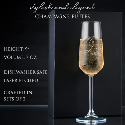Vista 3 de GIFTBYGIFTY Copas de champán personalizadas para bodas para novia y novio - Juego de 2, 7 oz, 2 diseños - Copas de champán Mr and Mrs