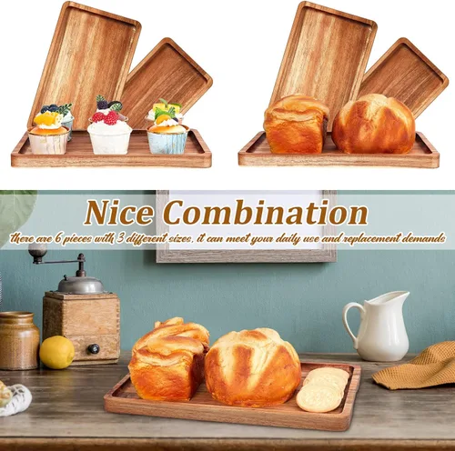 Vista 5 de Qunclay 6 bandejas de madera de acacia para servir alimentos, 3 tamaños, juego de platos rectangulares para servir, tableros de madera natural