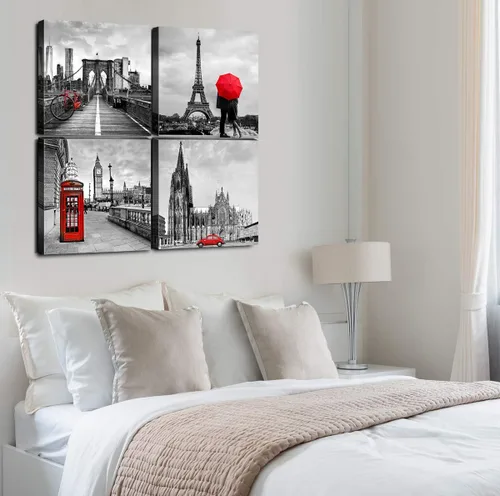 Vista 6 de Lienzos enmarcados para decoración de pared, en blanco y negro, las ciudades de París y Londres, edificios, calles, camiones y automóviles clásicos