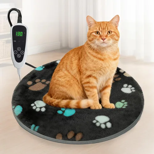 GOLOPET Almohadilla térmica para gatos redonda de 16 pulgadas, piel exterior impermeable e interruptor de termostato inteligente, cama térmica