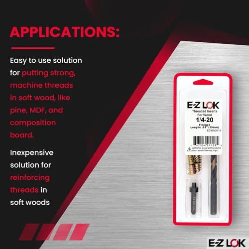 Vista 5 de E-Z LOK Kit de reparación de rosca hexagonal E-Z para insertos roscados con brida para madera blanda 1/4-20 x 13mm, perforador, herramienta