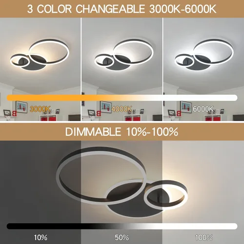 Vista 2 de O'NEELDY Moderna lámpara de techo LED regulable de montaje empotrado con control remoto de anillo de acrílico, 48W 3000K-6000K ajustable, lámpara