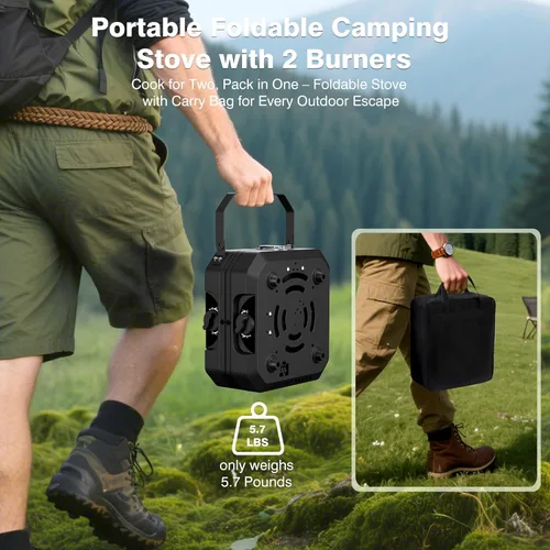 Vista 4 de Estufa de camping portátil de propano Estufa de campamento con calor ajustable independientemente y bolsa de transporte, estufa de gas plegable