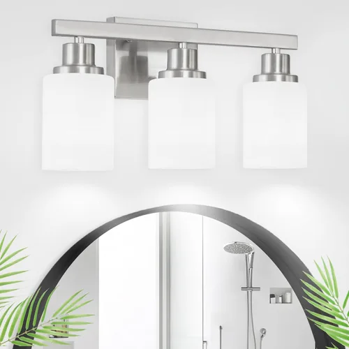 Vista 17 de Accesorios de iluminación de baño sobre espejo, 2 luces modernas de níquel para tocador con pantalla de vidrio blanco, lámparas de pared para espejo