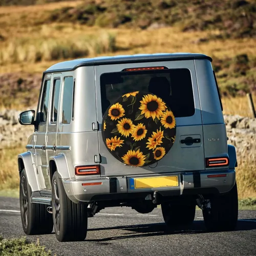 Vista 6 de Preciosa cubierta de neumático de repuesto de girasol, impermeable, UV, ajuste solar para remolque, RV, SUV y muchos vehículos de 14 pulgadas