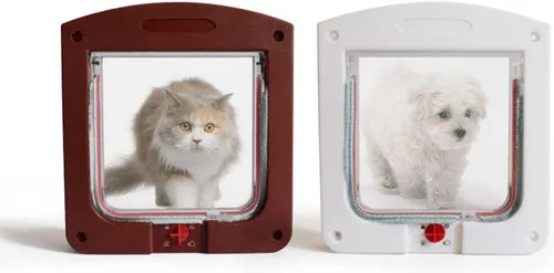 Vista 4 de BUYTER Puerta de gato de 4 vías con cerradura, acceso conveniente y seguro para tus mascotas, puerta de plástico controlable para trompeta de Marrón