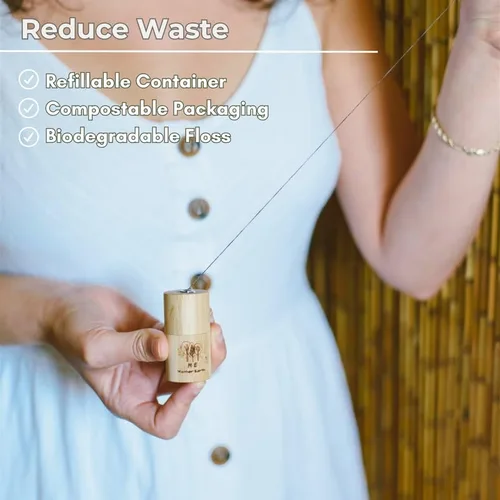 Vista 3 de Hilo dental de carbón de bambú biodegradable vegano con recipiente de bambú recargable, recarga incluida, cera de candelilla natural, 164.0 ft x 2