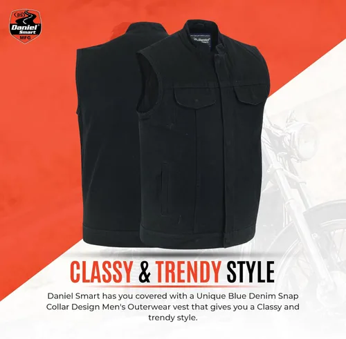 Vista 6 de Daniel Smart Men Denim Vest Scoop Collar Motorcycle Vest for Men with Inside Carry Pockets & Hidden Zipper