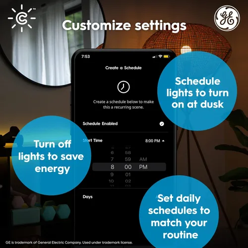 Vista 3 de GE Lighting Cync - Bombillas LED inteligentes A19 con Bluetooth y Wi-Fi, 60 W de repuesto, compatible con Alexa + Google Home sin hub, paquete de 2
