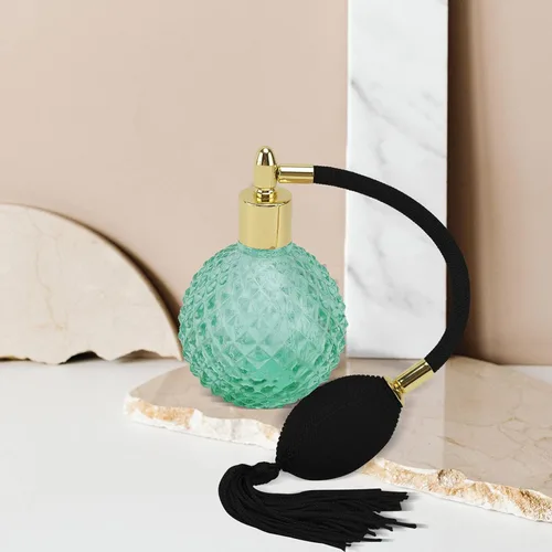 Vista 3 de HEALLILY Botella de perfume vintage de cristal de 3.4 fl oz recargable con bolsa de aire de borla larga, recipiente de vidrio vacío transparente