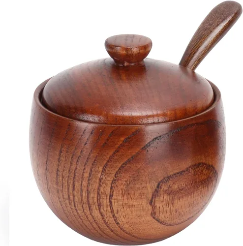 Vista 6 de Paquete de 2 tarros de condimentos japoneses, tarros de especias de madera maciza con tapa y cuchara, contenedor de madera de azufaifo, madera