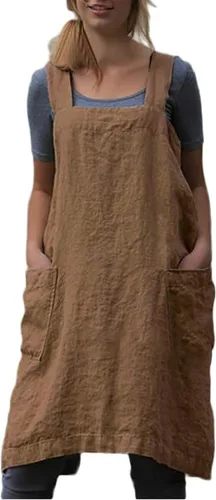 Schine Pinafore de algodón con espalda cruzada para mujer, con bolsillos grandes, prácticos delantales para trabajos de jardinería, cocina, Marrón
