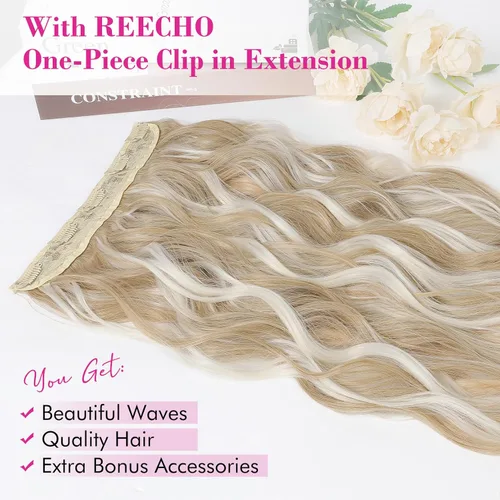 Vista 4 de REECHO Extensiones de cabello rubio, 20 pulgadas, extensiones de cabello grueso y largo con clip, extensiones de cabello sintético suave natural