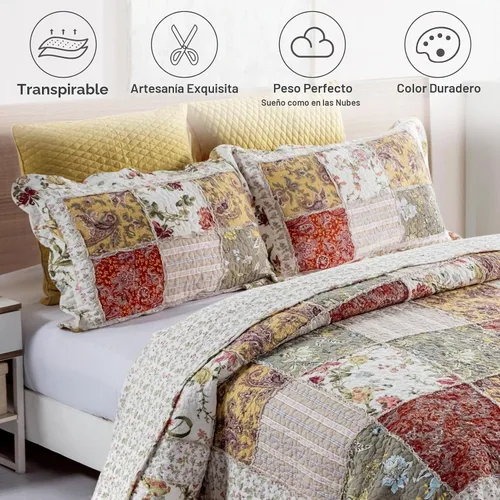 Vista 3 de YAYIDAY Juego de colcha de retazos tamaño Queen, 100% algodón, reversible, transpirable, rojo, multicolor, acolchado con fundas de almohada