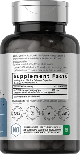 Vista 2 de Horbäach Suplemento 5HTP de 200 mg 180 cápsulas 5 hidroxitriptófano Griffonia Simplicifolia Extra fuerte Sin OMG, sin gluten