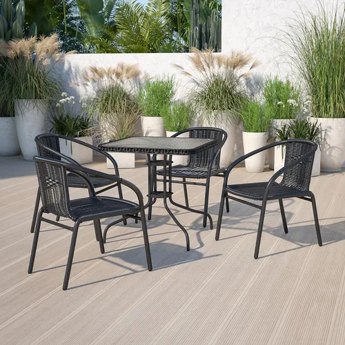 Vista 2 de Muebles Flash de 28 pulgadas tabla de cristal moderada cuadrada del metal con el borde de ratán negro