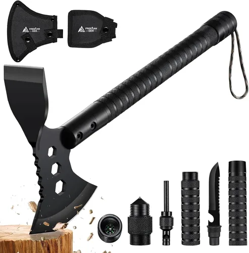 Vista 9 de Freelander - Juego de 2 hachas tácticas, Tomahawk afilado con vaina, Tomahawk portátil con clip y abridor de botellas, hacha de supervivencia